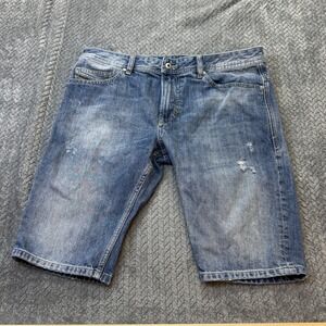 Diesel Industry Mens Blue Distressed Denim Shorts 34 Button Fly Leather Patch